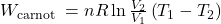  W_{\text {carnot }}=n R \ln \frac{V_{2}}{V_{1}}\left(T_{1}-T_{2}\right) 