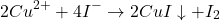  $$ 2 Cu^{2+} + 4 I^{-} \rightarrow 2 CuI\downarrow +I_{2} $$