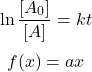  $$ \ln \frac{\left[A_{0}\right]}{[A]}=k t $$ $$ f(x)=a x $$ 