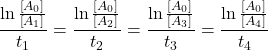  $$ \frac{\ln \frac{\left[A_{0}\right]}{\left[A_{1}\right]}}{t_{1}}=\frac{\ln \frac{\left[A_{0}\right]}{\left[A_{2}\right]}}{t_{2}}=\frac{\ln \frac{\left[A_{0}\right]}{\left[A_{3}\right]}}{t_{3}}=\frac{\ln\frac{\left[A_{0}\right]}{\left[A_{4}\right]}}{t_{4}} $$ 