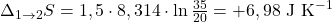  \Delta_{1 \rightarrow 2} S=1,5 \cdot8,314 \cdot \ln \frac{35}{20}=+6,98 \mathrm{~J} \mathrm{~K}^{-1} 